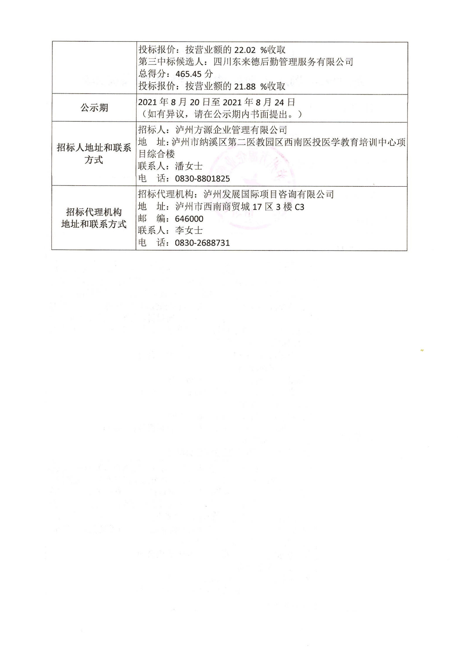 瀘州方源企業(yè)管理有限公司-西南醫(yī)投醫(yī)學教育培訓中心食堂勞務服務評審情況公示_01.png